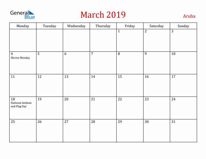 Aruba March 2019 Calendar - Monday Start