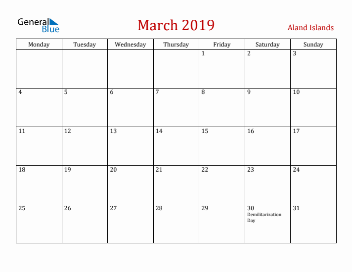 Aland Islands March 2019 Calendar - Monday Start