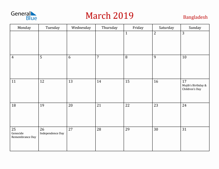 Bangladesh March 2019 Calendar - Monday Start