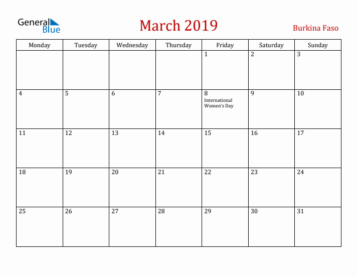 Burkina Faso March 2019 Calendar - Monday Start
