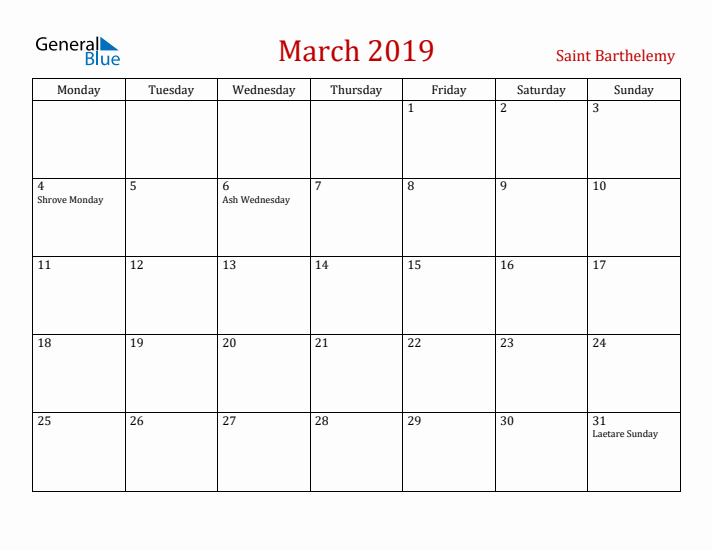 Saint Barthelemy March 2019 Calendar - Monday Start