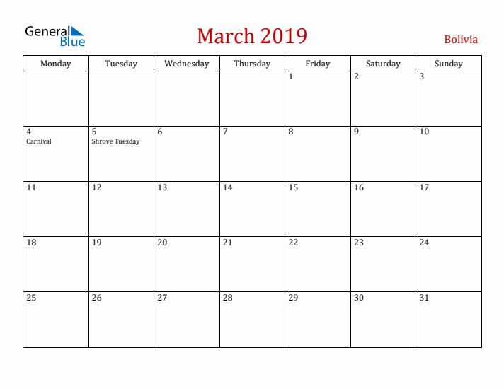 Bolivia March 2019 Calendar - Monday Start