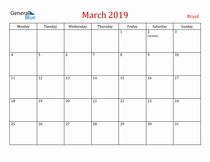 Brazil March 2019 Calendar - Monday Start