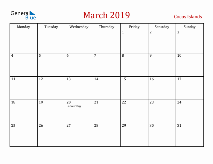 Cocos Islands March 2019 Calendar - Monday Start