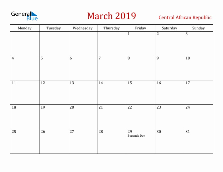 Central African Republic March 2019 Calendar - Monday Start