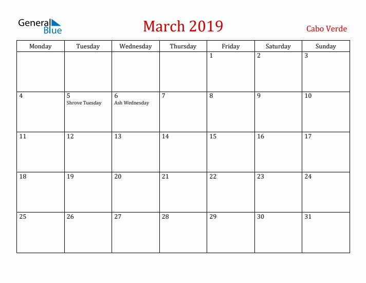 Cabo Verde March 2019 Calendar - Monday Start