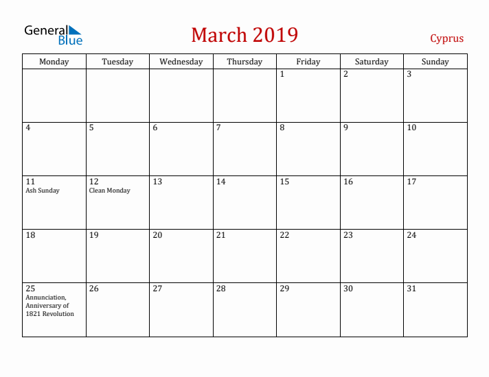 Cyprus March 2019 Calendar - Monday Start