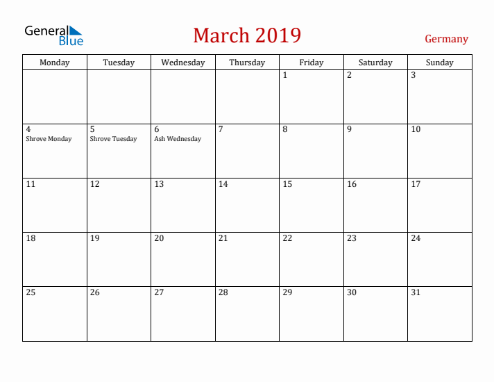Germany March 2019 Calendar - Monday Start
