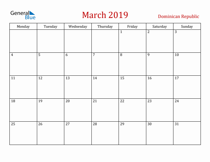 Dominican Republic March 2019 Calendar - Monday Start