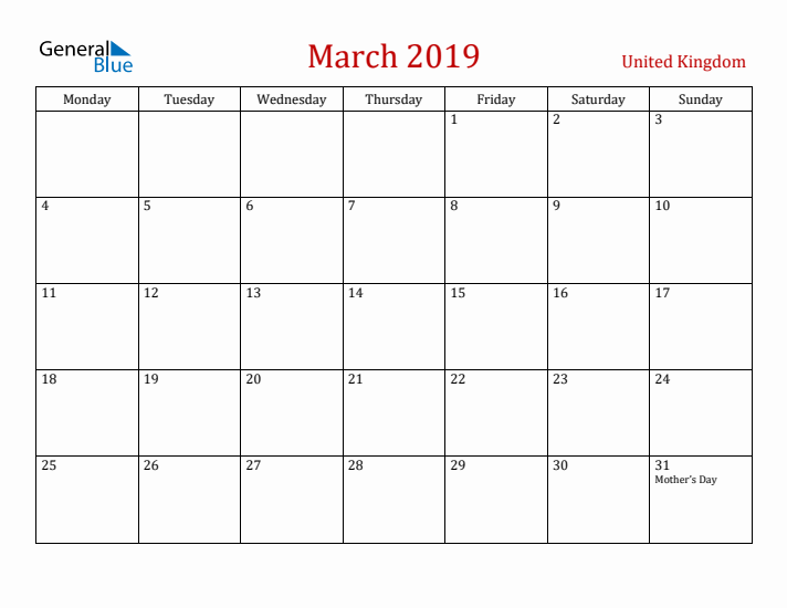 United Kingdom March 2019 Calendar - Monday Start