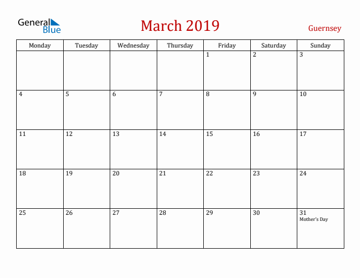 Guernsey March 2019 Calendar - Monday Start