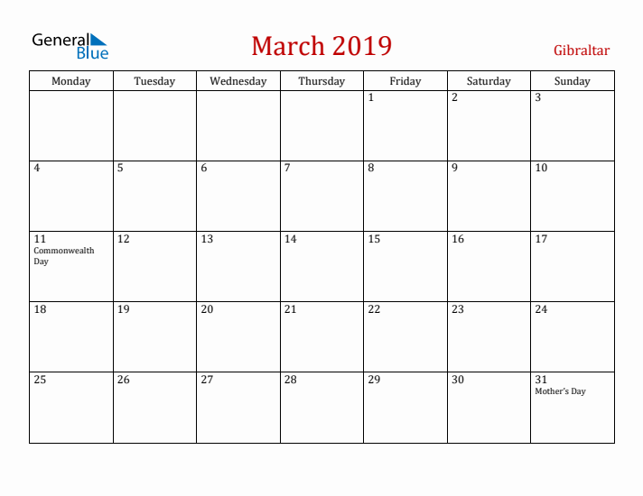 Gibraltar March 2019 Calendar - Monday Start