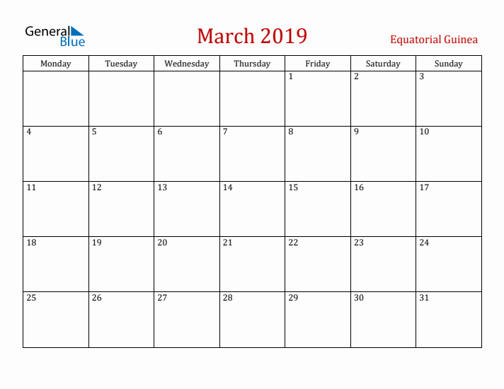 Equatorial Guinea March 2019 Calendar - Monday Start