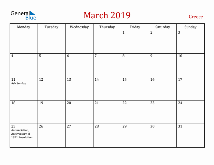 Greece March 2019 Calendar - Monday Start