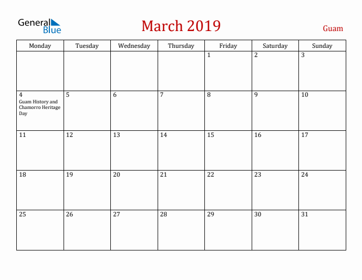 Guam March 2019 Calendar - Monday Start