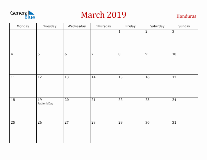 Honduras March 2019 Calendar - Monday Start