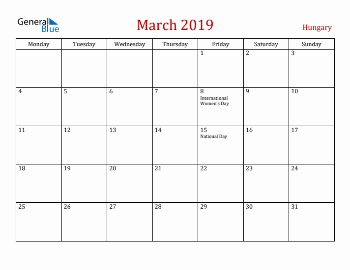 Hungary March 2019 Calendar - Monday Start
