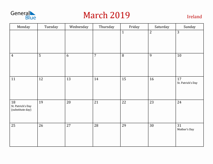 Ireland March 2019 Calendar - Monday Start