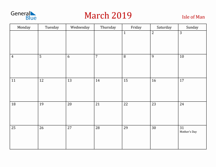 Isle of Man March 2019 Calendar - Monday Start
