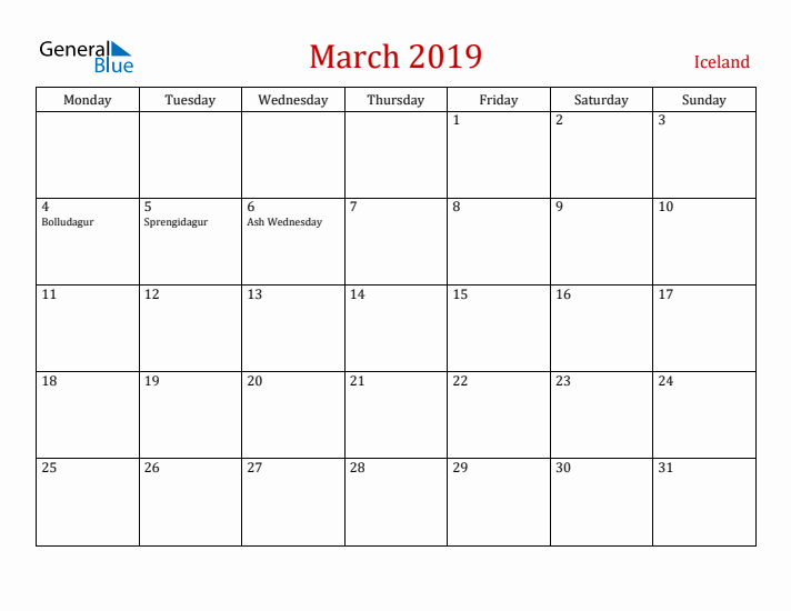 Iceland March 2019 Calendar - Monday Start
