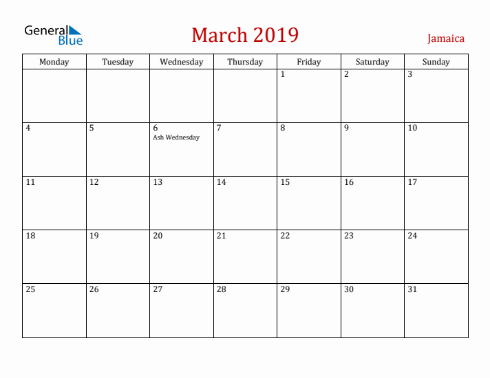 Jamaica March 2019 Calendar - Monday Start