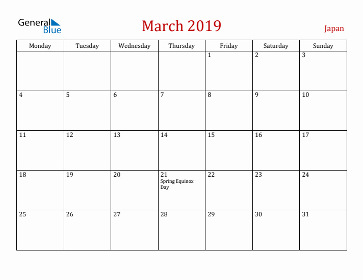 Japan March 2019 Calendar - Monday Start