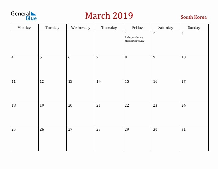 South Korea March 2019 Calendar - Monday Start