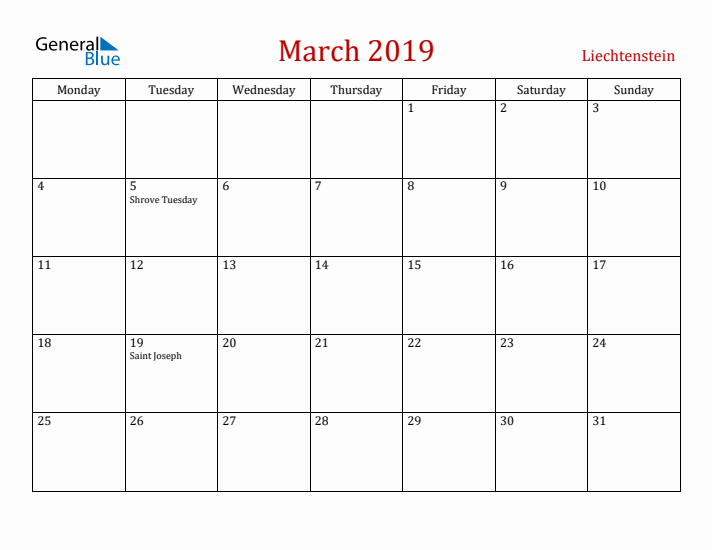 Liechtenstein March 2019 Calendar - Monday Start