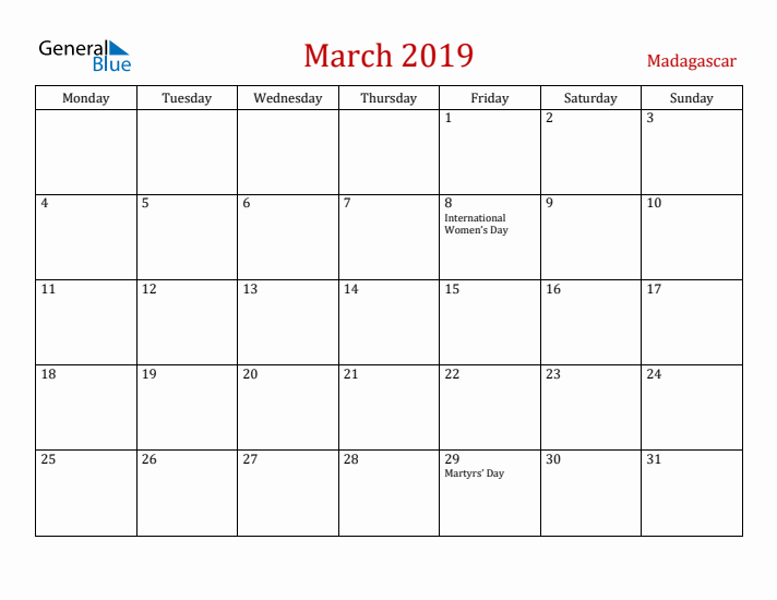 Madagascar March 2019 Calendar - Monday Start