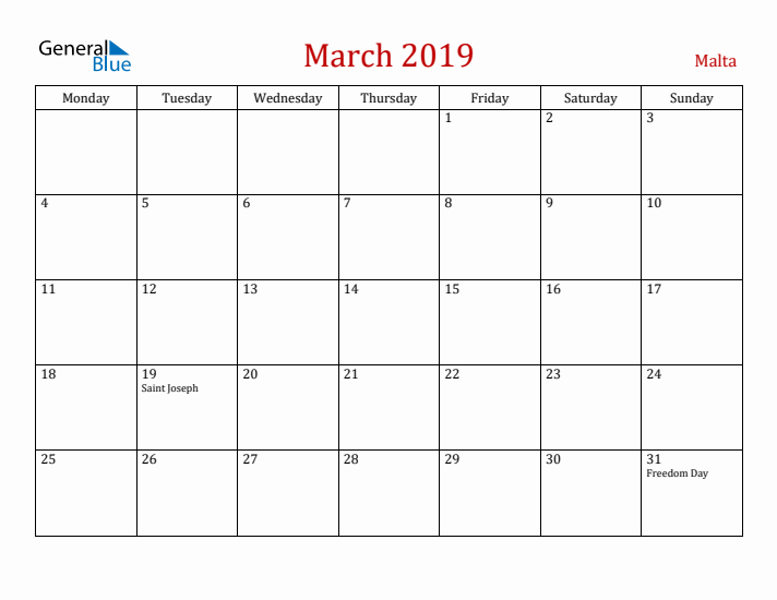 Malta March 2019 Calendar - Monday Start