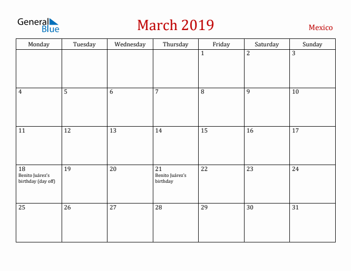 Mexico March 2019 Calendar - Monday Start