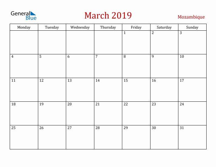 Mozambique March 2019 Calendar - Monday Start