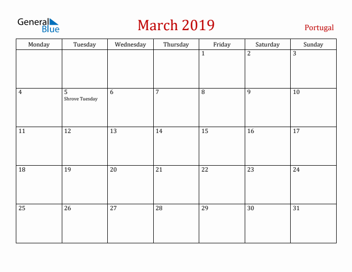 Portugal March 2019 Calendar - Monday Start
