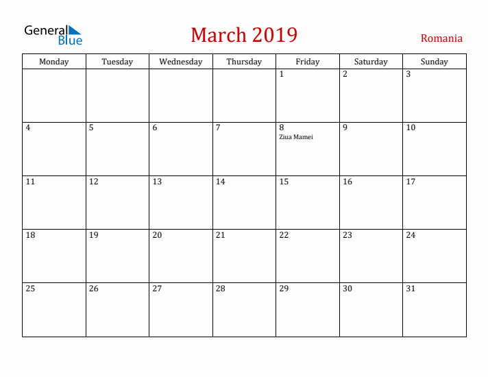 Romania March 2019 Calendar - Monday Start
