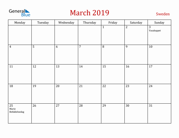 Sweden March 2019 Calendar - Monday Start