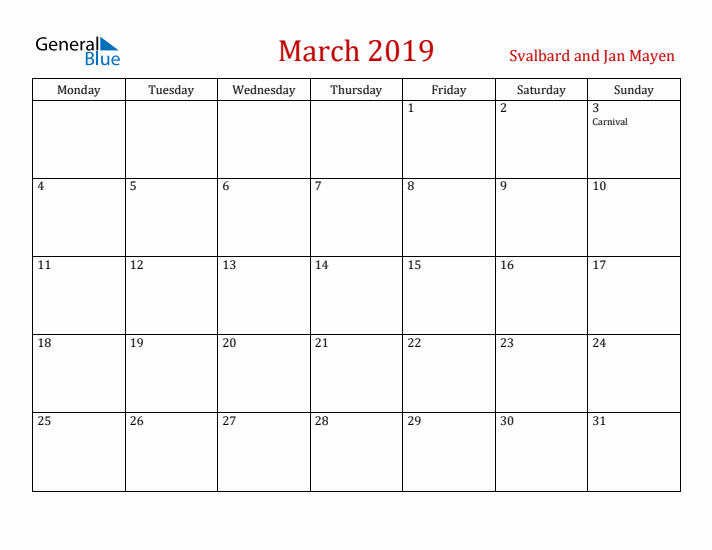 Svalbard and Jan Mayen March 2019 Calendar - Monday Start