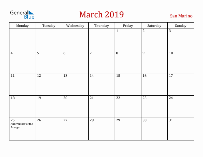 San Marino March 2019 Calendar - Monday Start