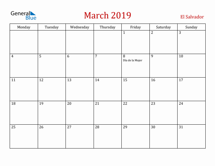 El Salvador March 2019 Calendar - Monday Start