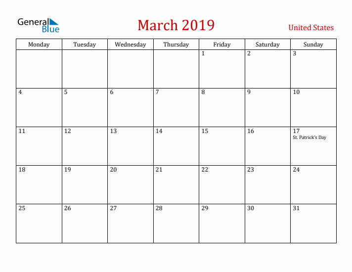 United States March 2019 Calendar - Monday Start