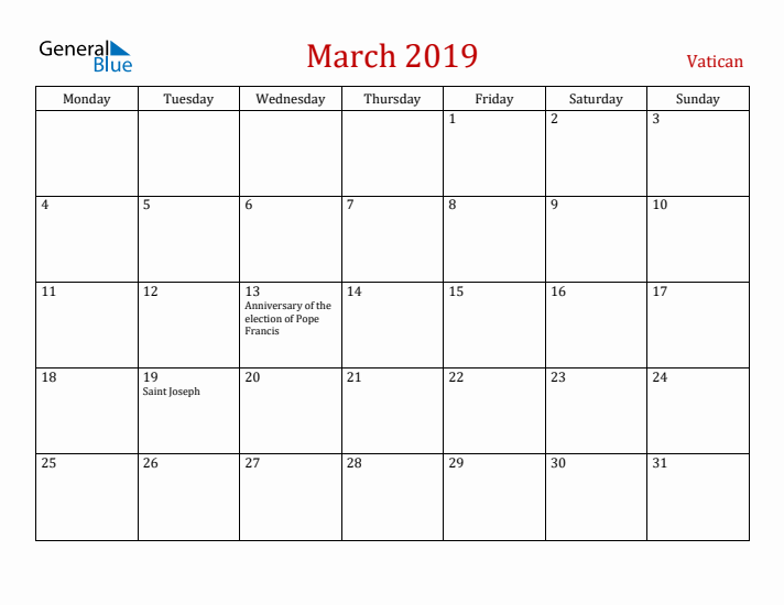 Vatican March 2019 Calendar - Monday Start