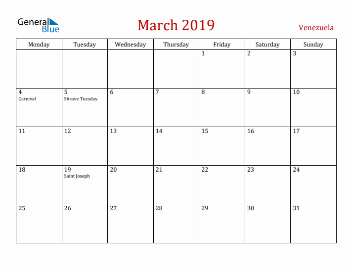 Venezuela March 2019 Calendar - Monday Start