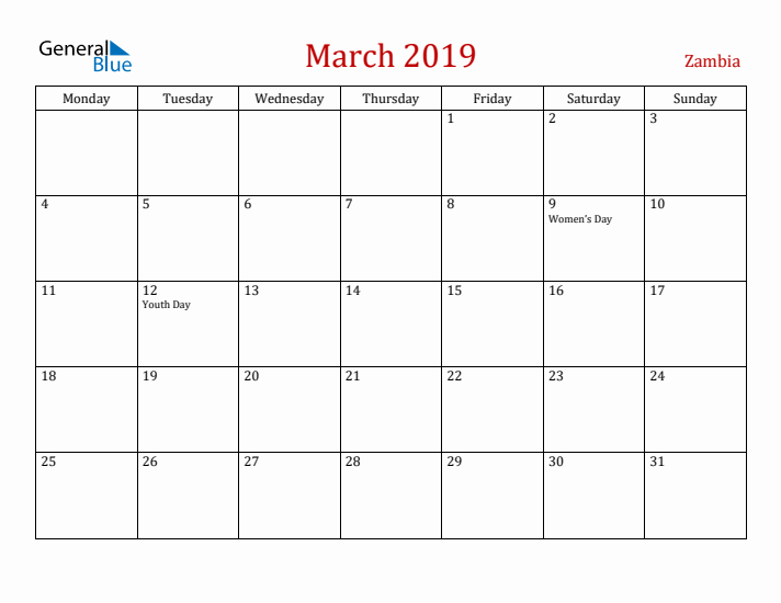Zambia March 2019 Calendar - Monday Start