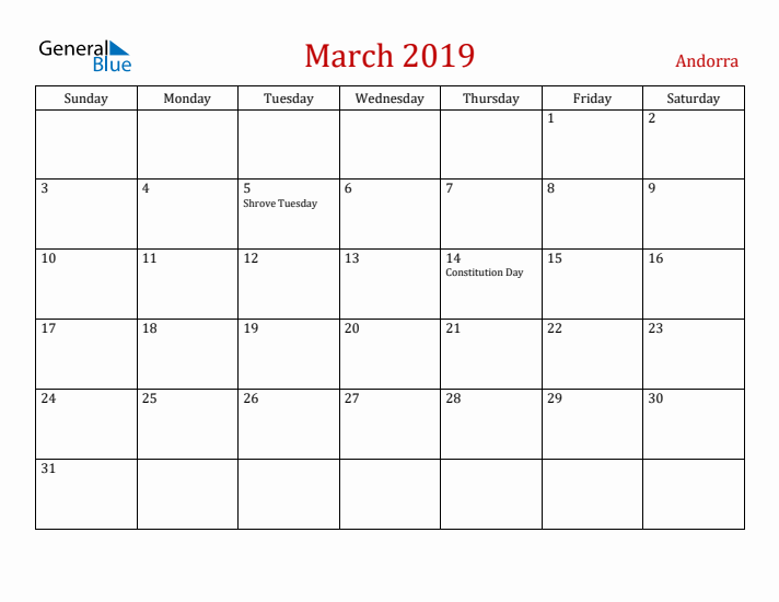 Andorra March 2019 Calendar - Sunday Start