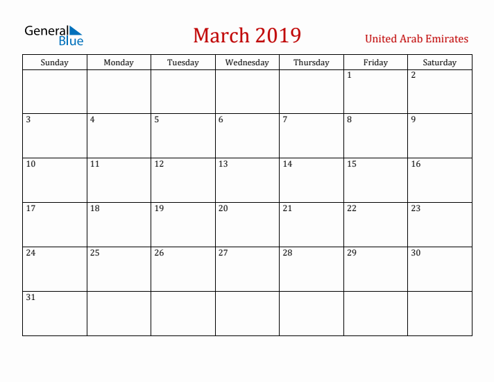 United Arab Emirates March 2019 Calendar - Sunday Start