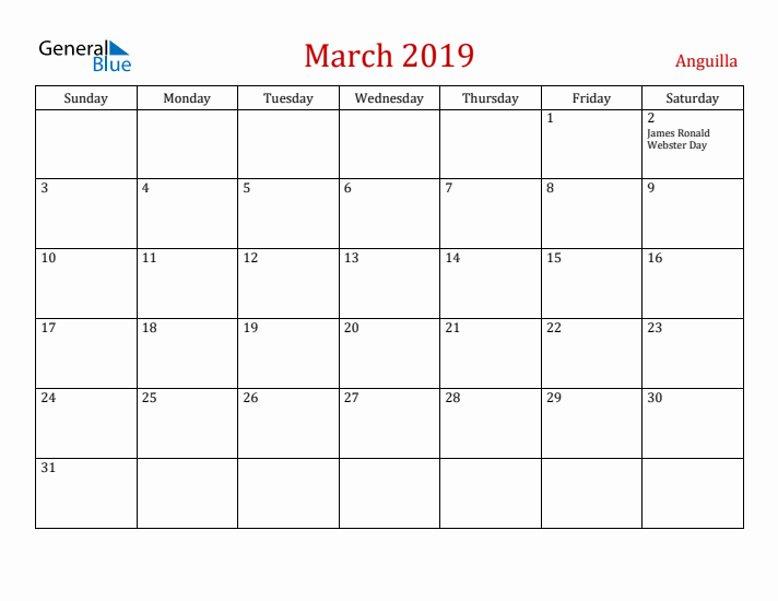 Anguilla March 2019 Calendar - Sunday Start