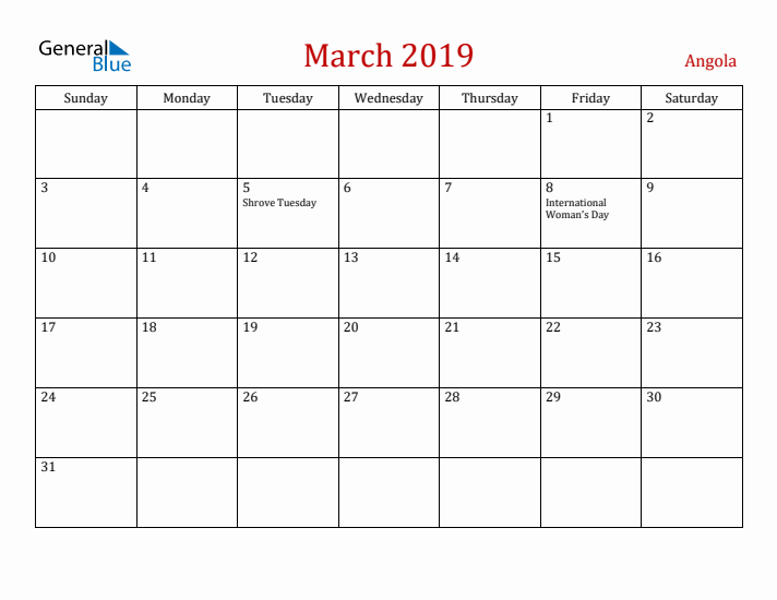 Angola March 2019 Calendar - Sunday Start