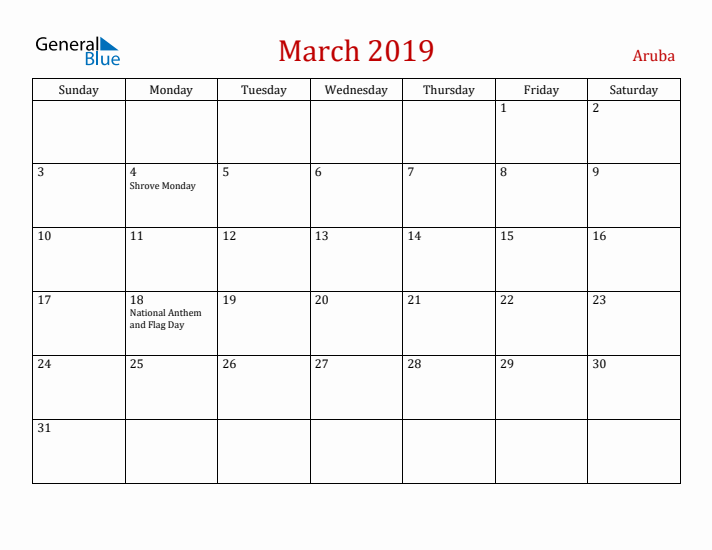Aruba March 2019 Calendar - Sunday Start