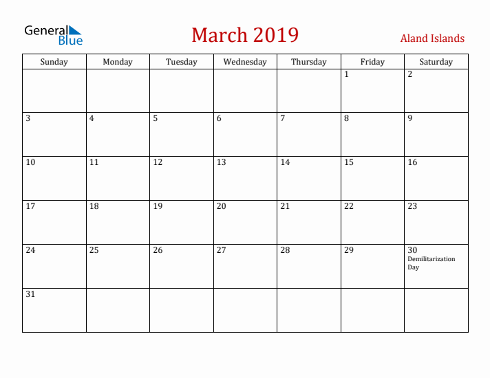 Aland Islands March 2019 Calendar - Sunday Start
