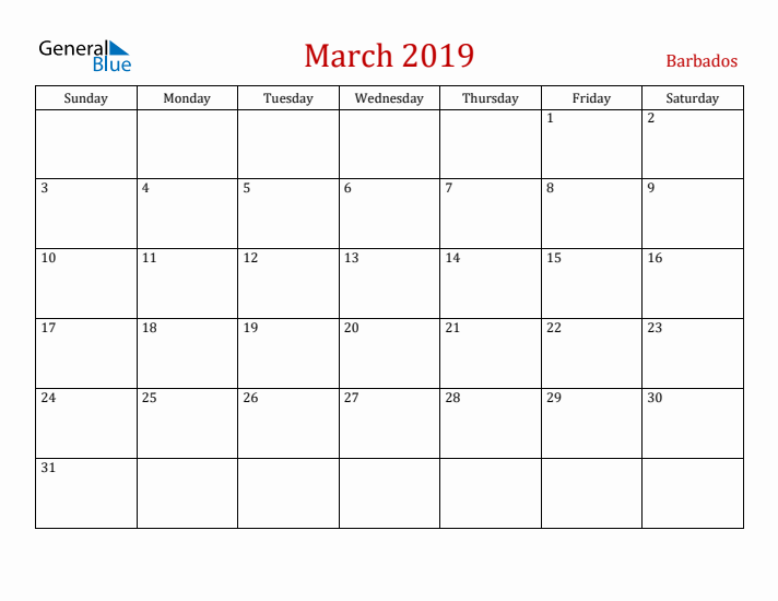 Barbados March 2019 Calendar - Sunday Start