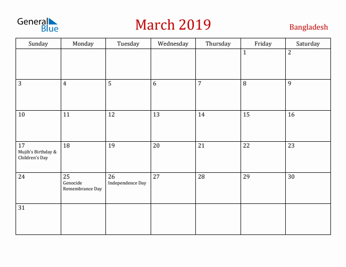 Bangladesh March 2019 Calendar - Sunday Start